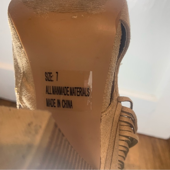 Qupid beige Fringe faux suede Peep Toe Heeled Ankle Booties. - Picture 6 of 9